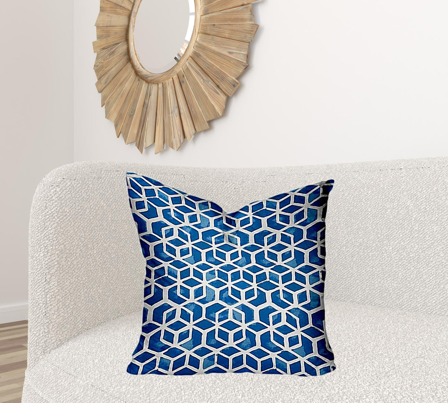 24" X 24" Blue And White Blown Seam Geometric Throw Indoor Outdoor Pillow