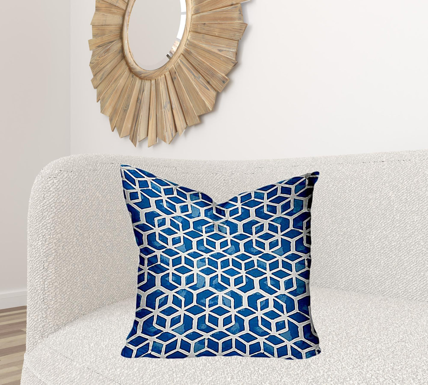 24" X 24" Blue And White Zippered Geometric Throw Indoor Outdoor Pillow