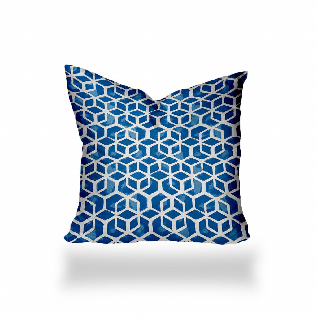 26" X 26" Blue And White Enveloped Geometric Throw Indoor Outdoor Pillow