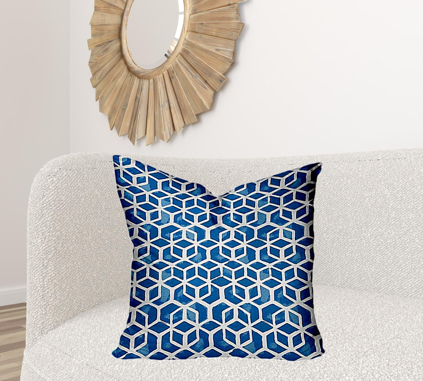 26" X 26" Blue And White Enveloped Geometric Throw Indoor Outdoor Pillow