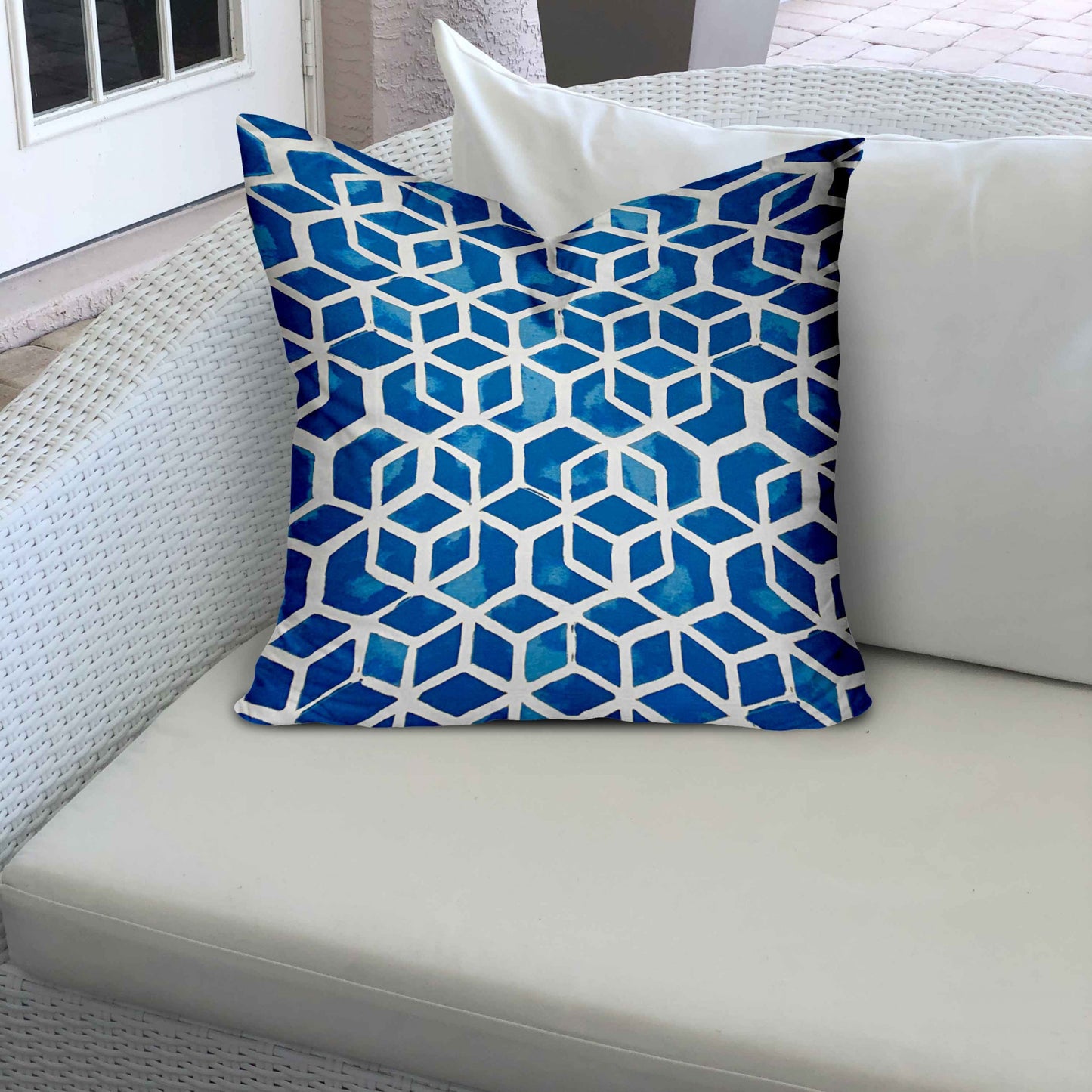 26" X 26" Blue And White Zippered Geometric Throw Indoor Outdoor Pillow