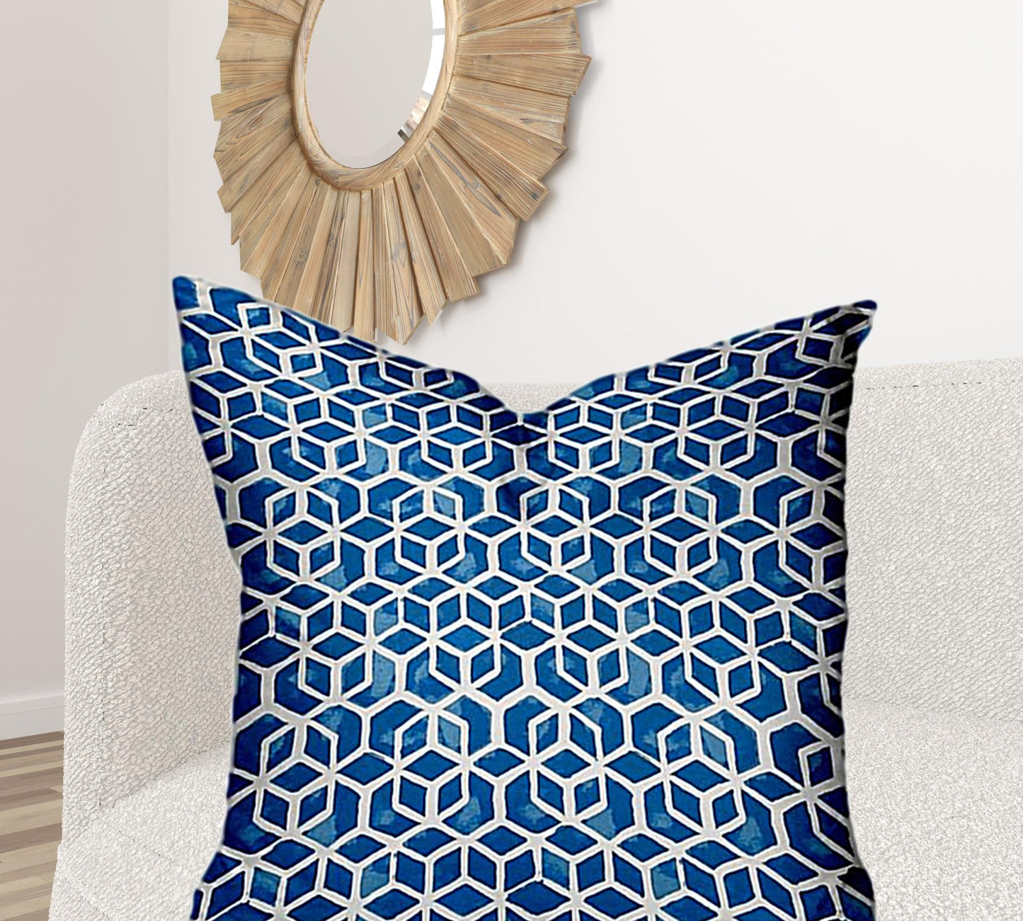 36" X 36" Blue And White Blown Seam Geometric Throw Indoor Outdoor Pillow