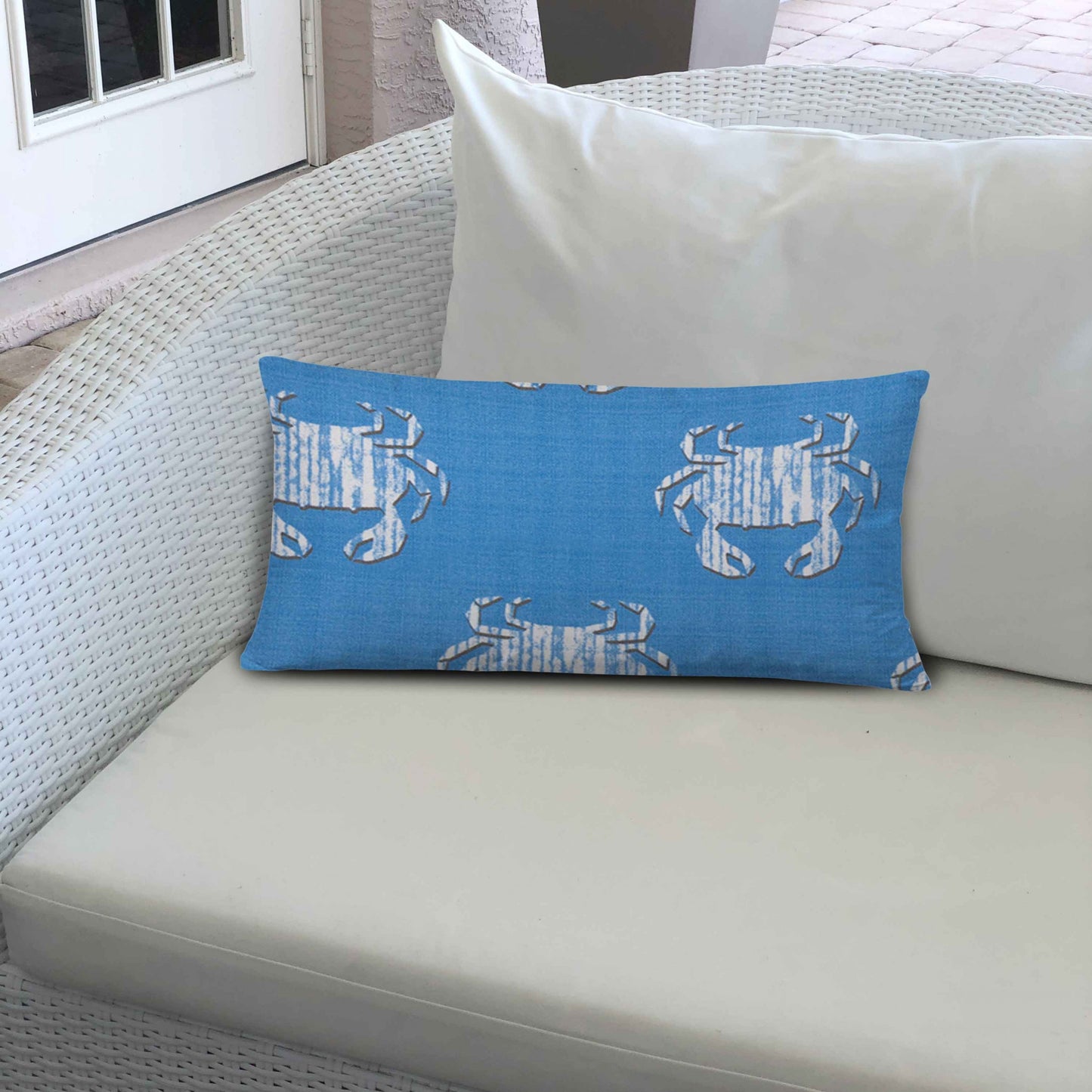 12" X 18" Blue And White Crab Enveloped Coastal Lumbar Indoor Outdoor Pillow