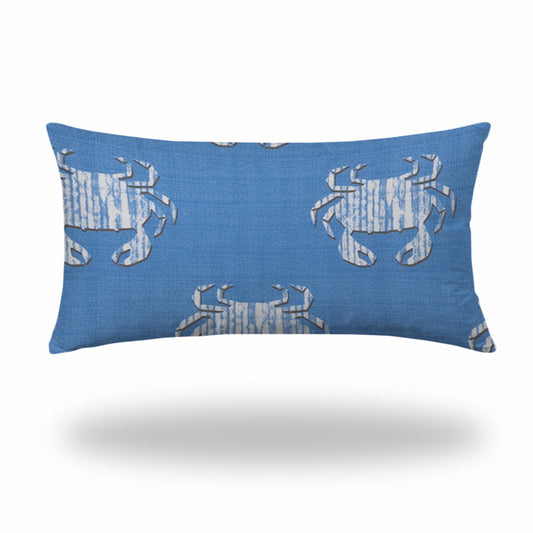 14" X 24" Blue And White Crab Zippered Coastal Lumbar Indoor Outdoor Pillow