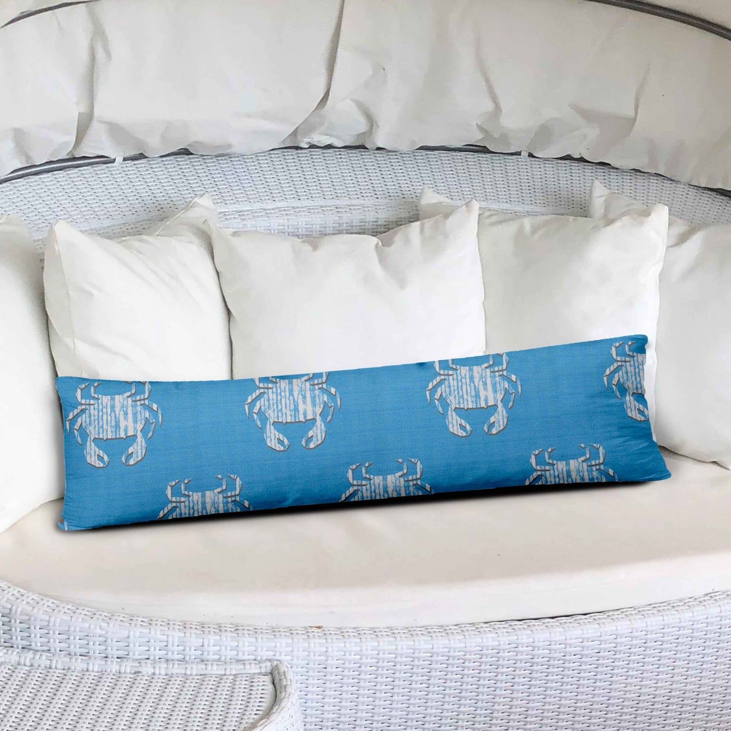 12" X 48" Blue And White Crab Enveloped Coastal Lumbar Indoor Outdoor Pillow