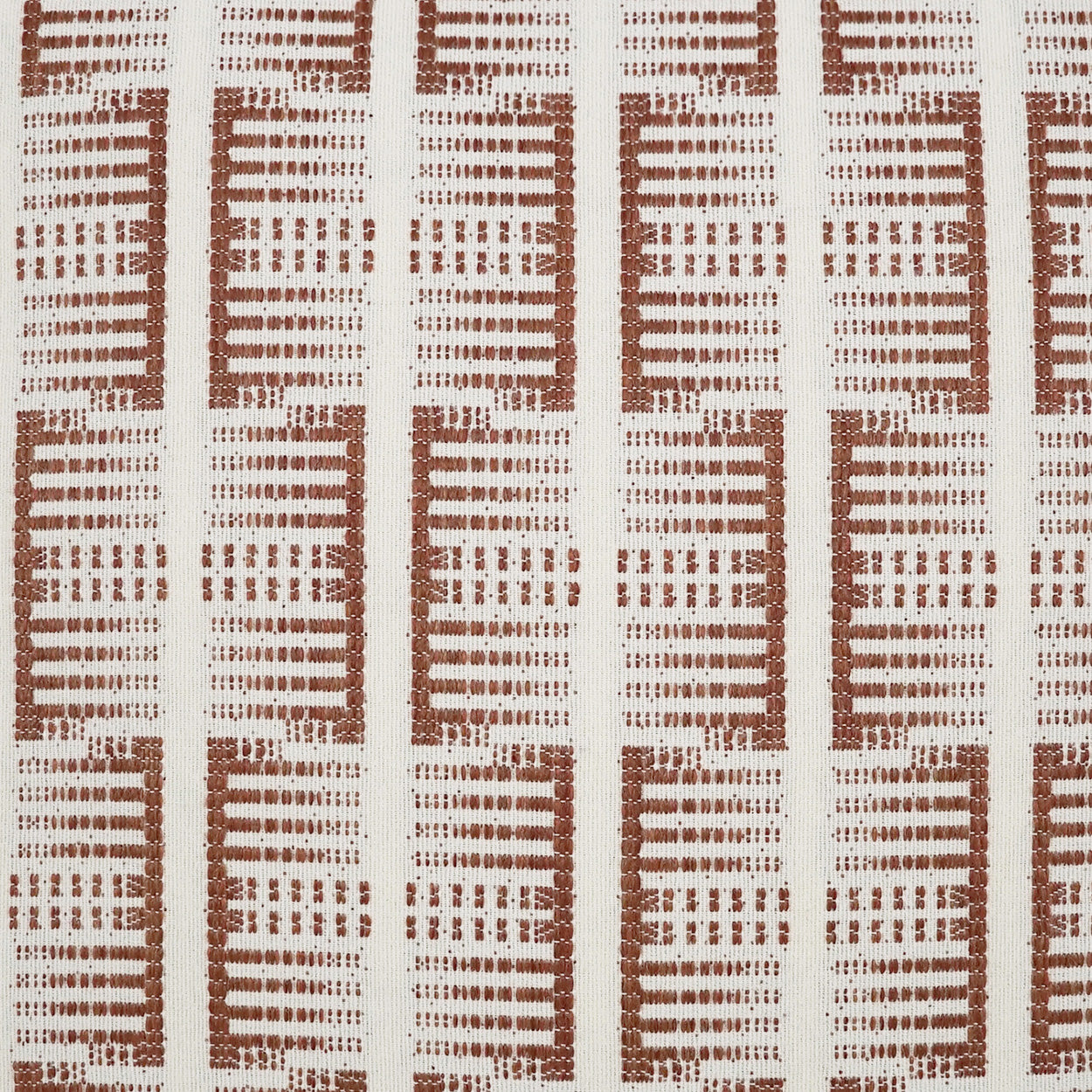 Brown geometric woven fabric with vertical ladder-like blocks on a creamy beige background; upholstery textile pattern.