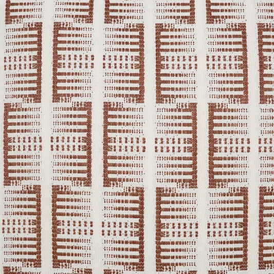 Brown geometric woven fabric with vertical ladder-like blocks on a creamy beige background; upholstery textile pattern.