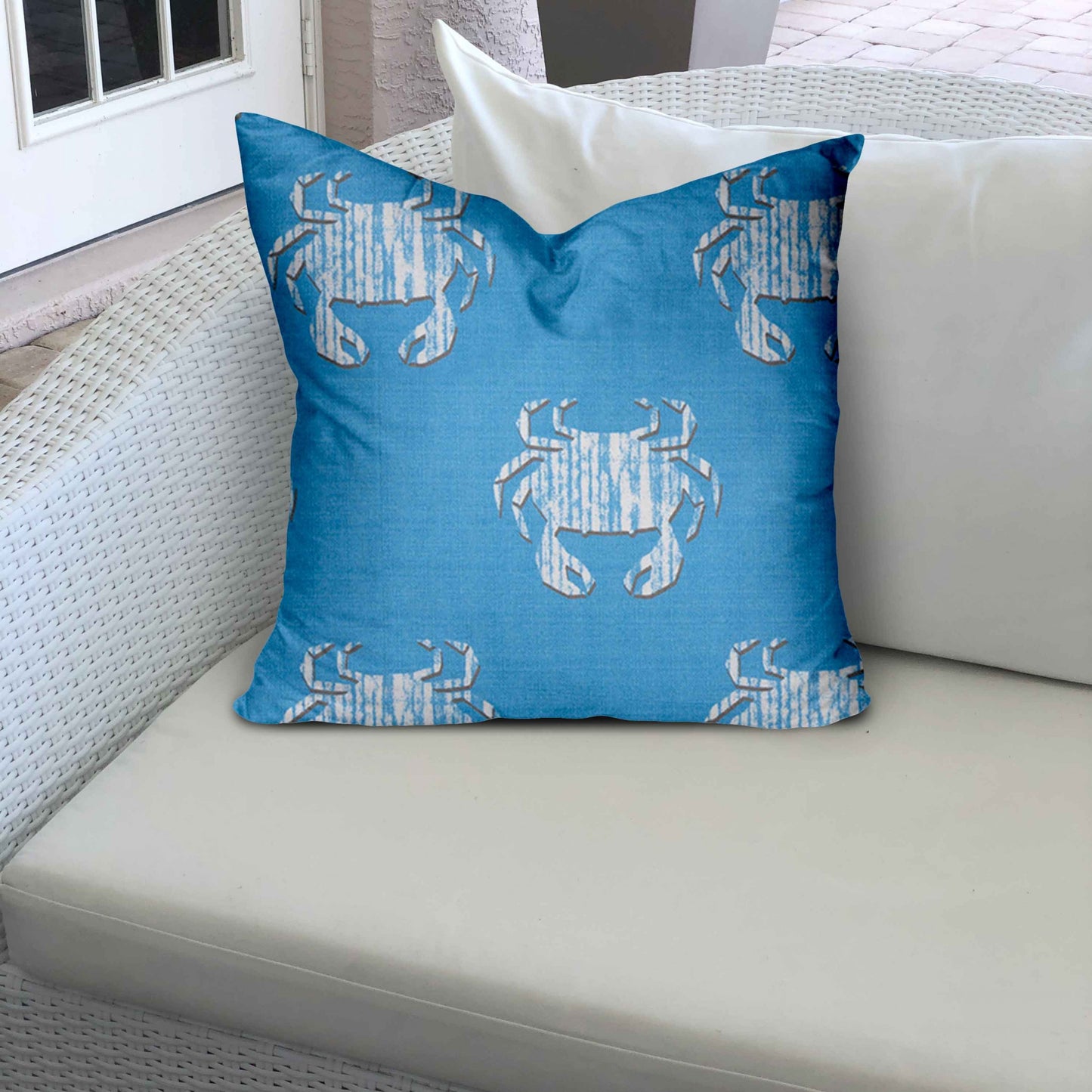 12" X 12" Blue And White Crab Enveloped Throw Indoor Outdoor Pillow Cover