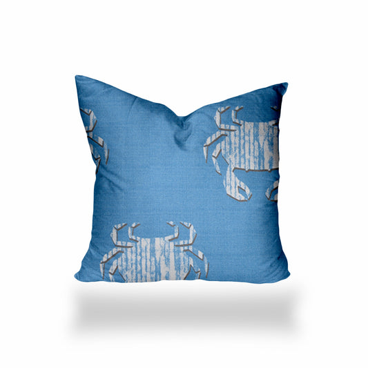 14" X 14" Blue And White Crab Enveloped Coastal Throw Indoor Outdoor Pillow Cover