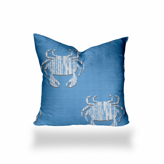 16" X 16" Blue And White Crab Enveloped Coastal Throw Indoor Outdoor Pillow Cover