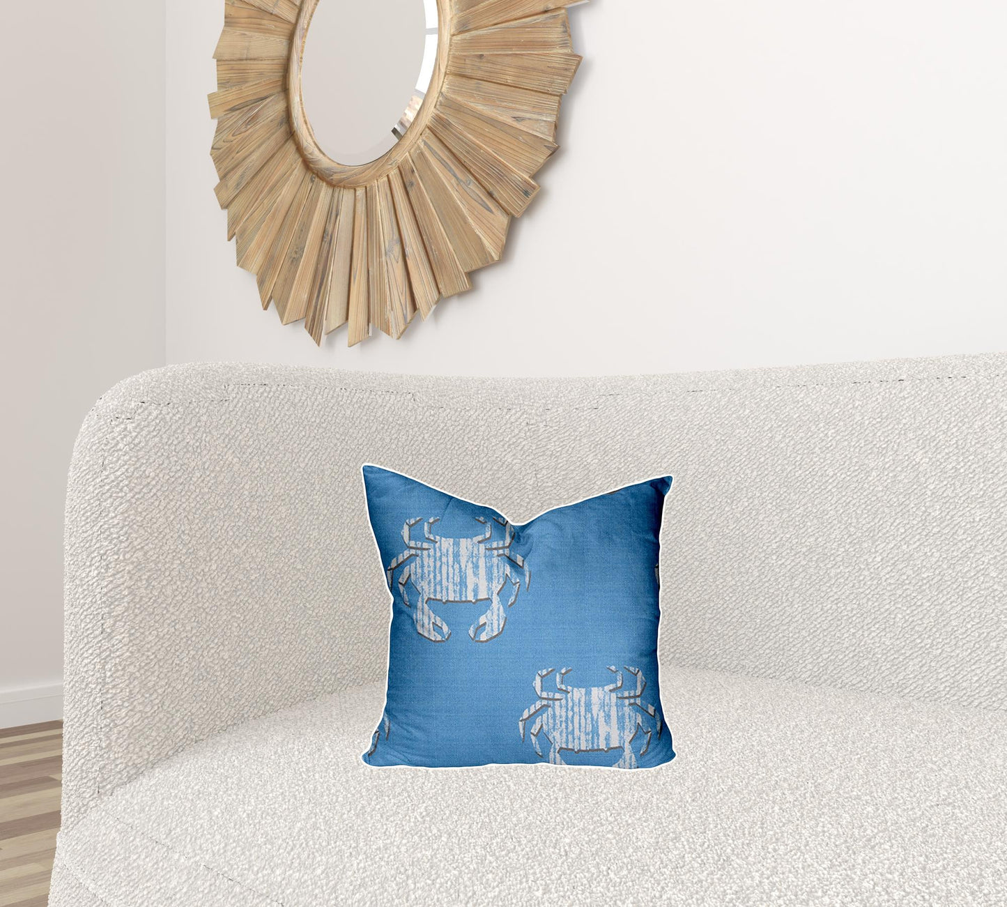 16" X 16" Blue And White Crab Blown Seam Coastal Throw Indoor Outdoor Pillow