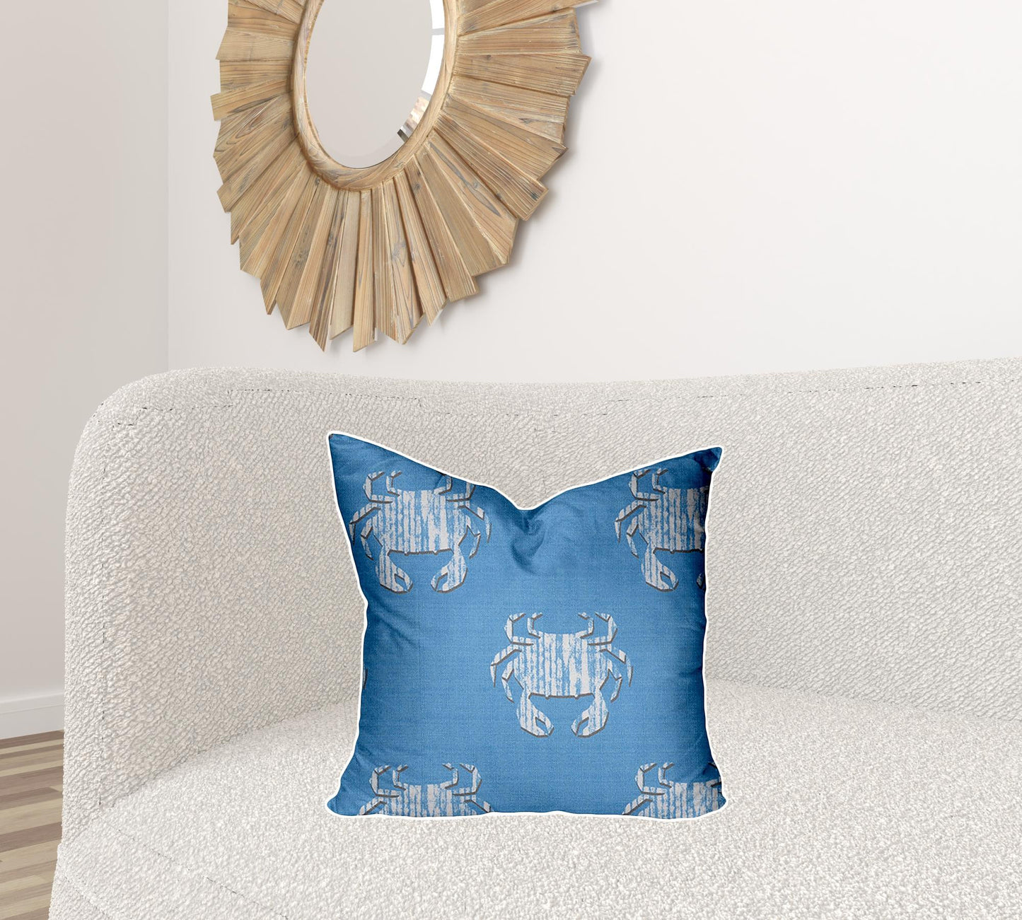 20" X 20" Blue And White Crab Enveloped Coastal Throw Indoor Outdoor Pillow