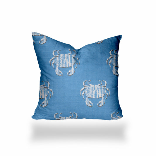 22" X 22" Blue And White Crab Enveloped Coastal Throw Indoor Outdoor Pillow Cover