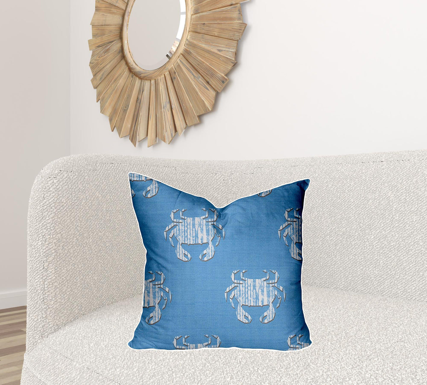 22" X 22" Blue And White Crab Zippered Coastal Throw Indoor Outdoor Pillow Cover