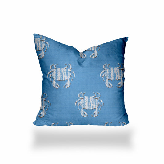 24" X 24" Blue And White Crab Enveloped Coastal Throw Indoor Outdoor Pillow Cover