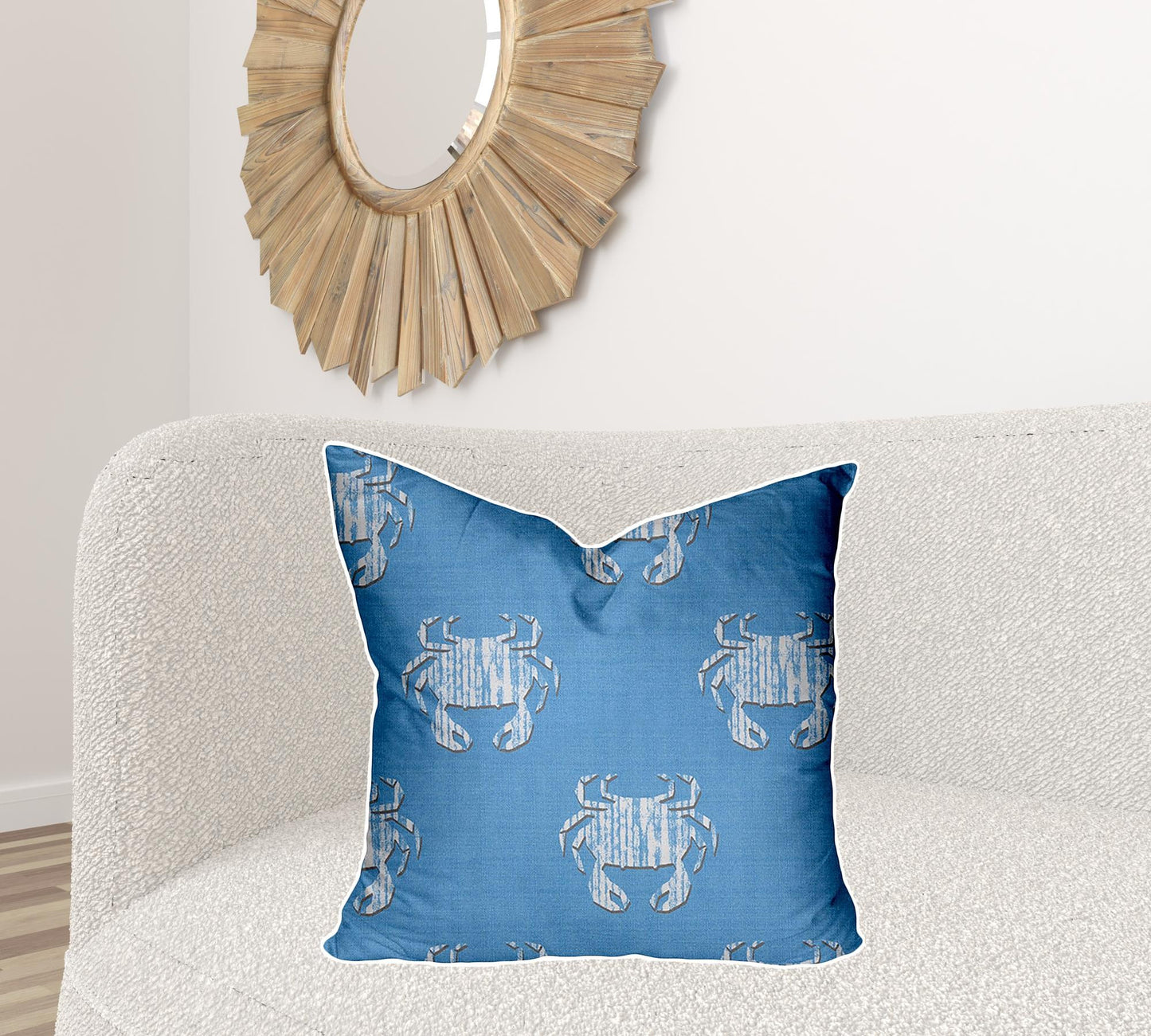 24" X 24" Blue And White Crab Enveloped Coastal Throw Indoor Outdoor Pillow Cover