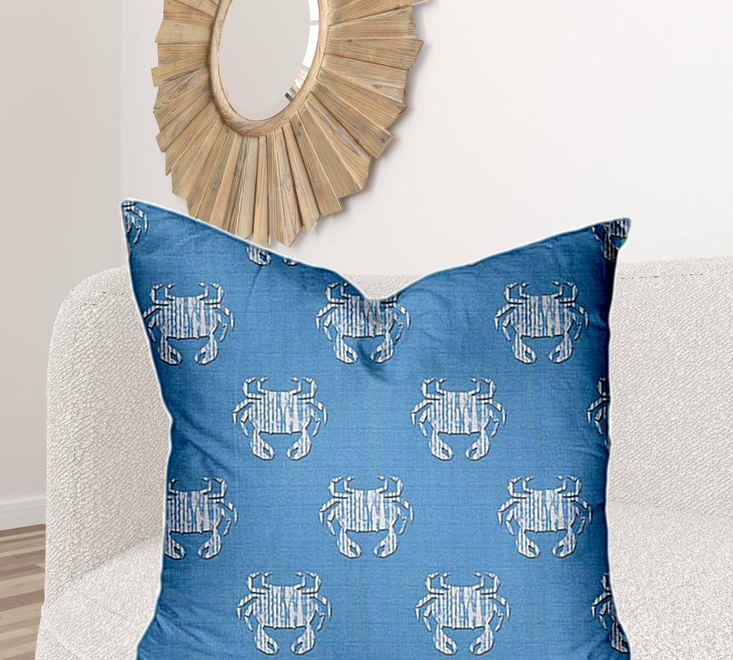 36" X 36" Blue And White Crab Enveloped Coastal Throw Indoor Outdoor Pillow