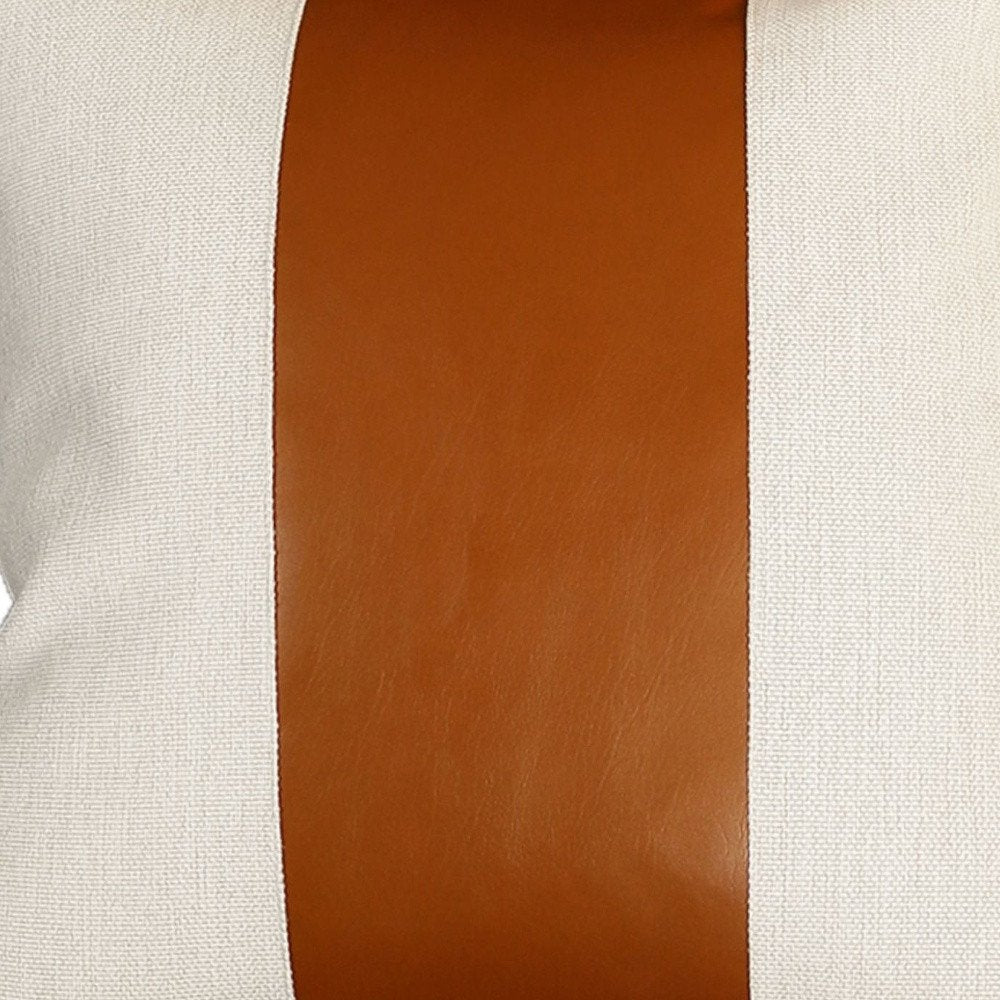 20" Brown And Ivory Faux Leather Throw Pillow Cover