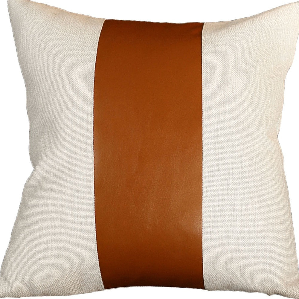 20" X 20" Brown and Ivory Faux Leather Zippered Pillow Cover