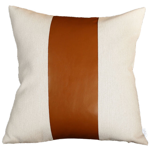 20" X 20" Brown and Ivory Faux Leather Zippered Pillow