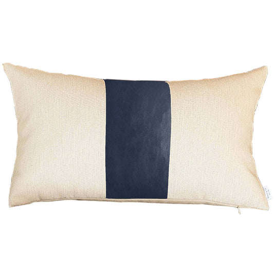 Set Of Two 18" X 18" Navy Blue and Ivory Faux Leather Zippered Pillow