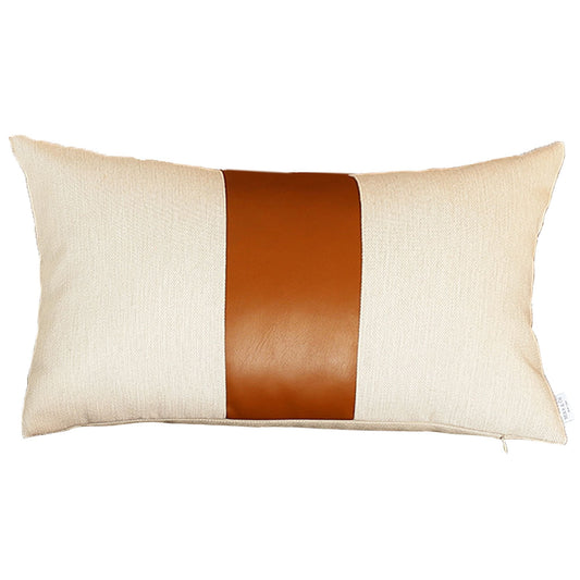 Set Of Four 18" X 18" Brown and Ivory Faux Leather Zippered Pillow