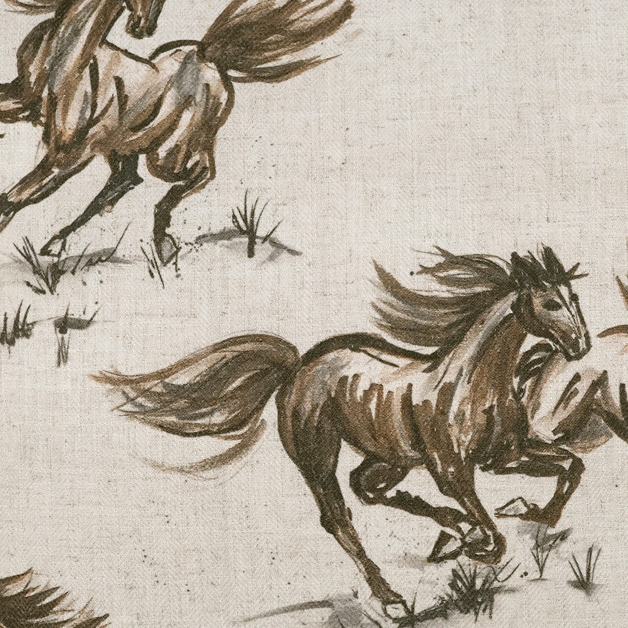 Brown horse sketches galloping on beige linen fabric, vintage rustic equestrian pattern.