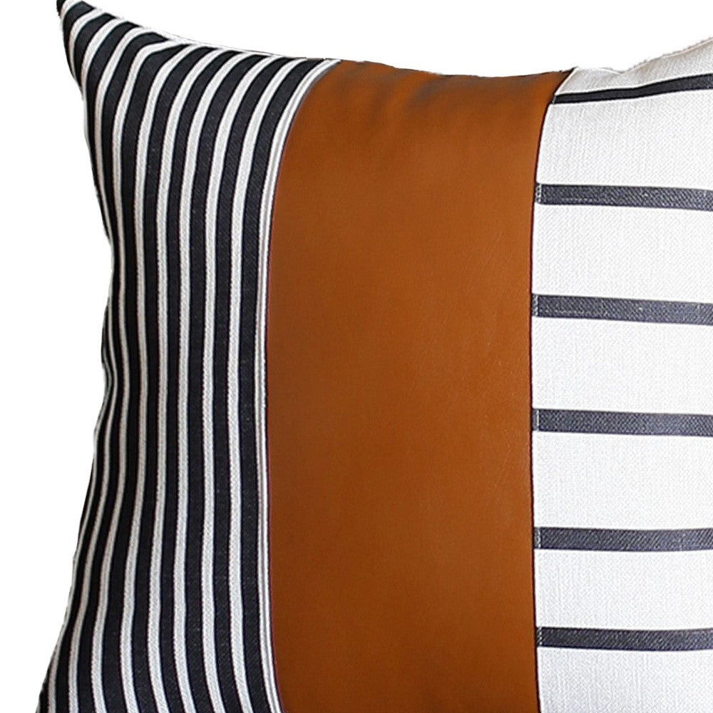 24" X 24" Brown and White Faux Leather Striped Zippered Pillow Cover