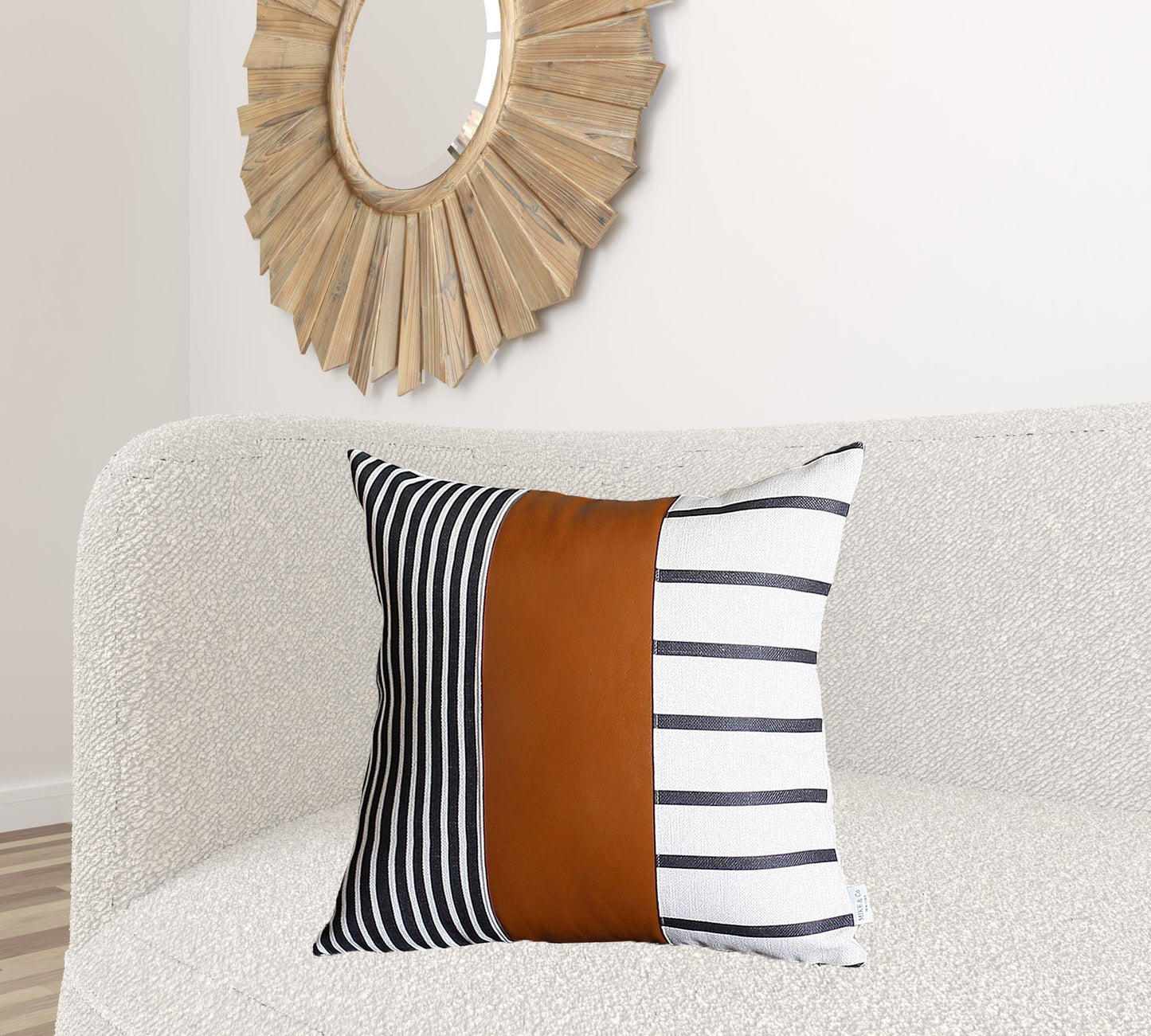 24" X 24" Brown and White Faux Leather Striped Zippered Pillow Cover