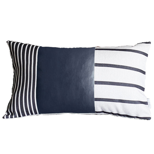 Set Of Two 12" X 20" Navy Blue Faux Leather Striped Zippered Pillow Cover