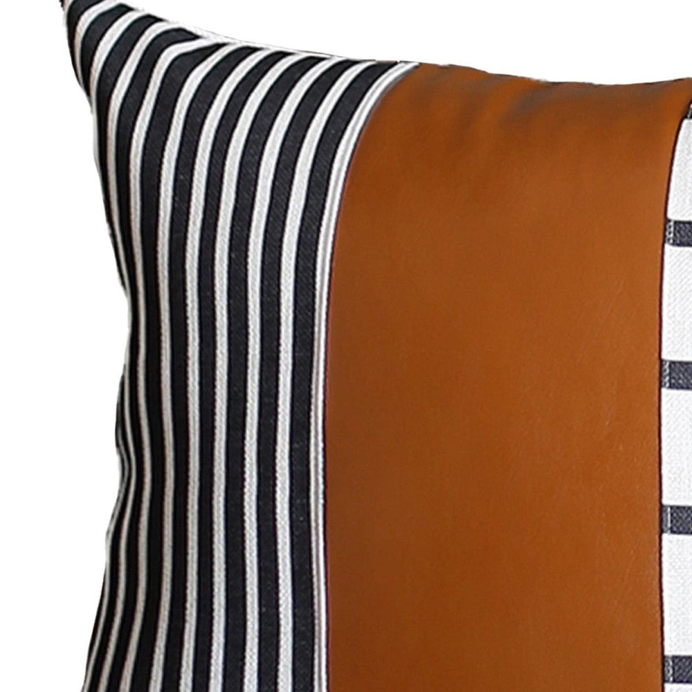 Set Of Two 17" X 17" Brown and White Faux Leather Striped Zippered Pillow Cover