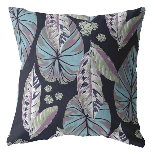 16” Blue Purple Tropical Leaf Zippered Suede Throw Pillow