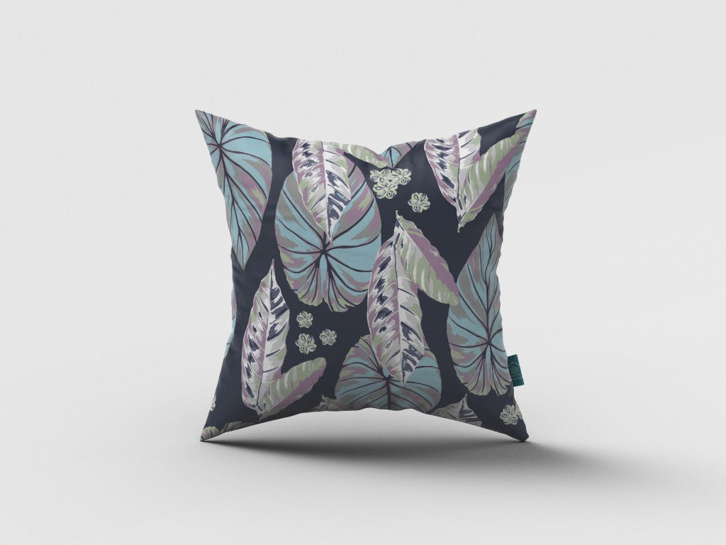 16” Blue Purple Tropical Leaf Zippered Suede Throw Pillow
