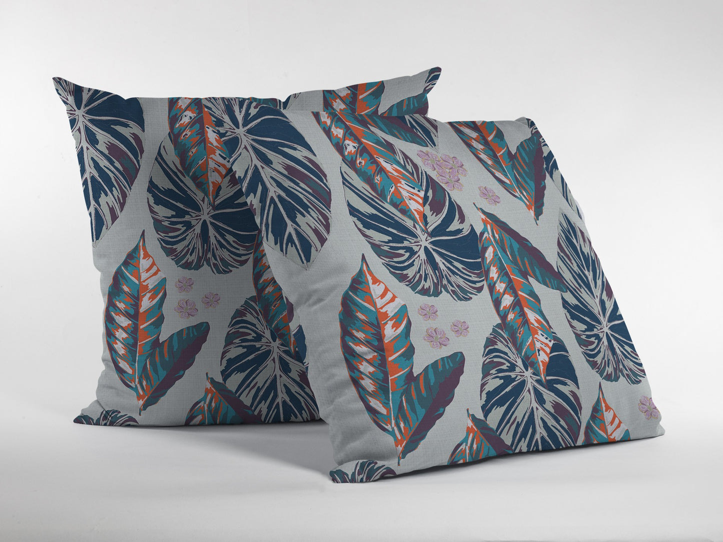 16” Blue Gray Tropical Leaf Zippered Suede Throw Pillow