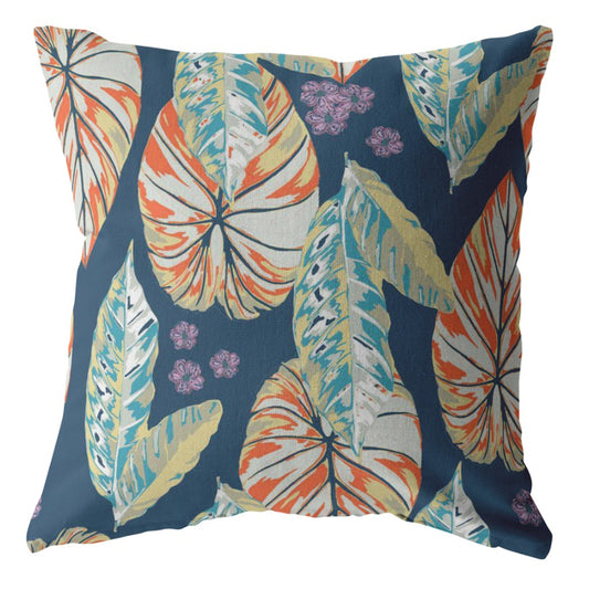 16” Orange Blue Tropical Leaf Zippered Suede Throw Pillow