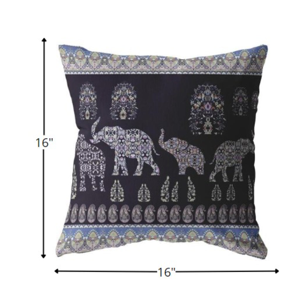 16” Purple Ornate Elephant Zippered Suede Throw Pillow