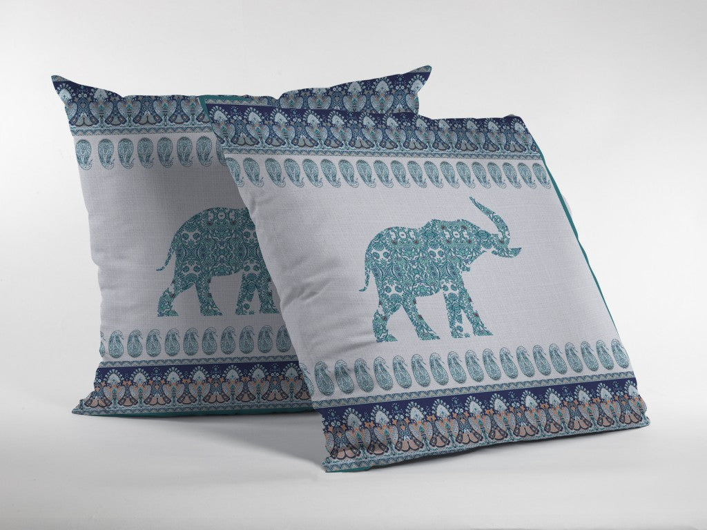 16” Teal Ornate Elephant Zippered Suede Throw Pillow