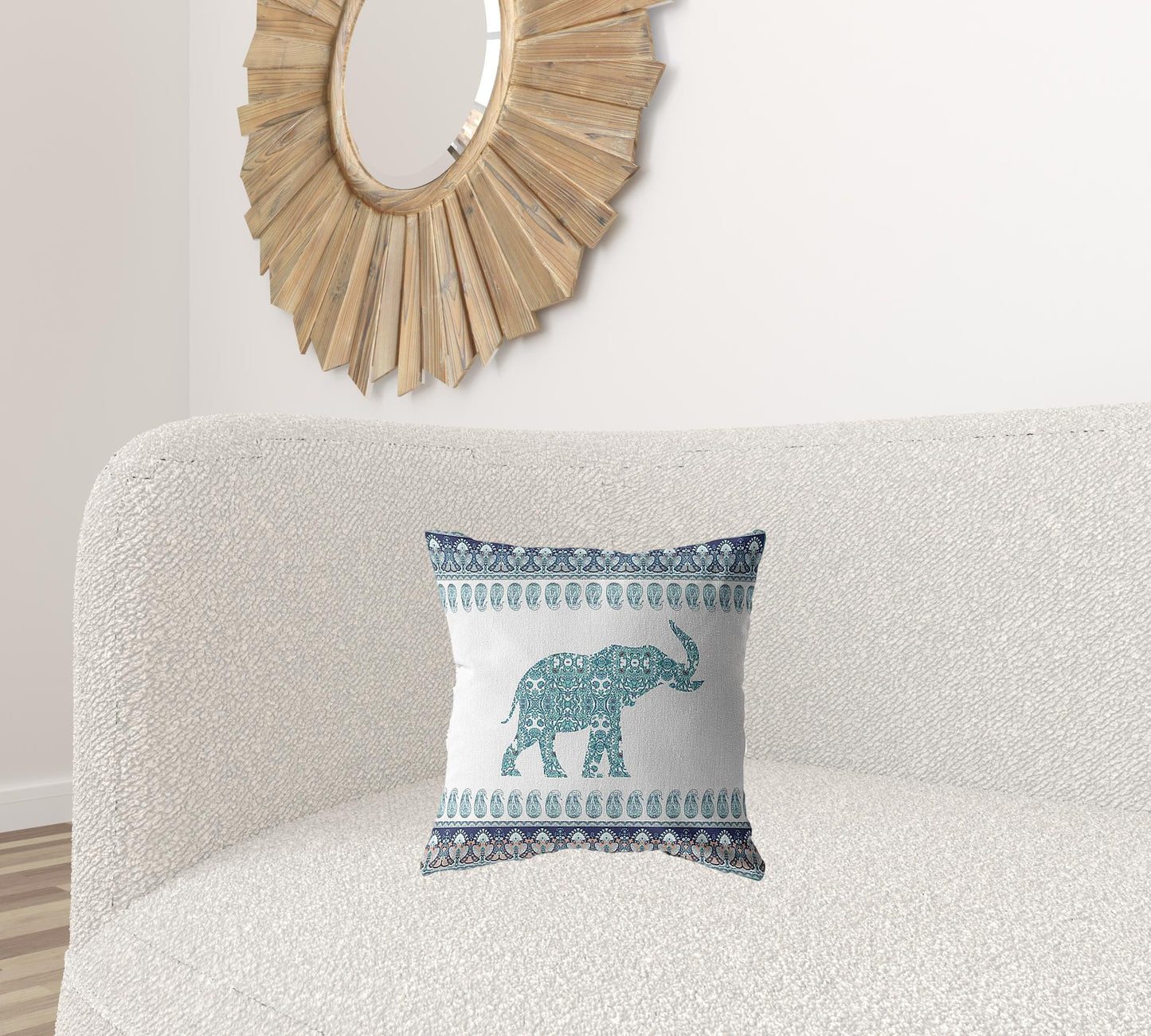 16” Teal Ornate Elephant Zippered Suede Throw Pillow