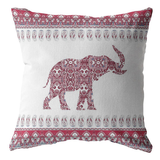 16” Red White Ornate Elephant Zippered Suede Throw Pillow