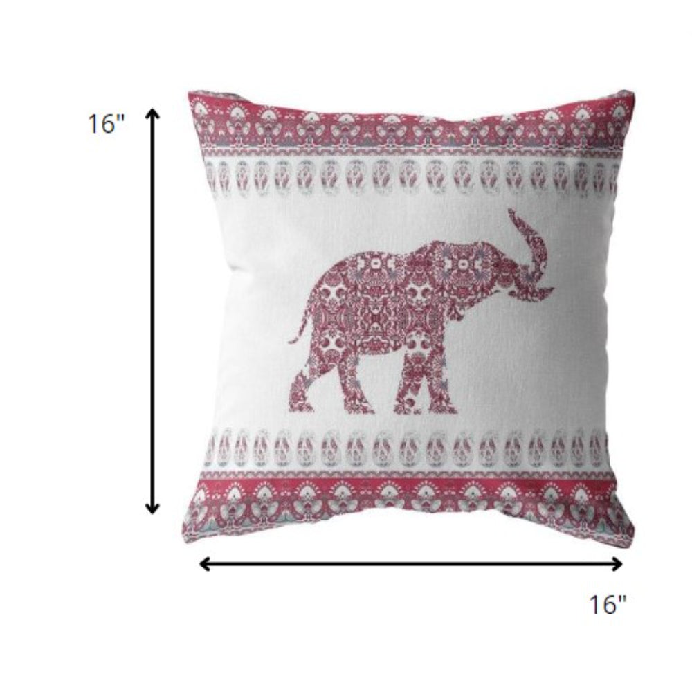 16” Red White Ornate Elephant Zippered Suede Throw Pillow