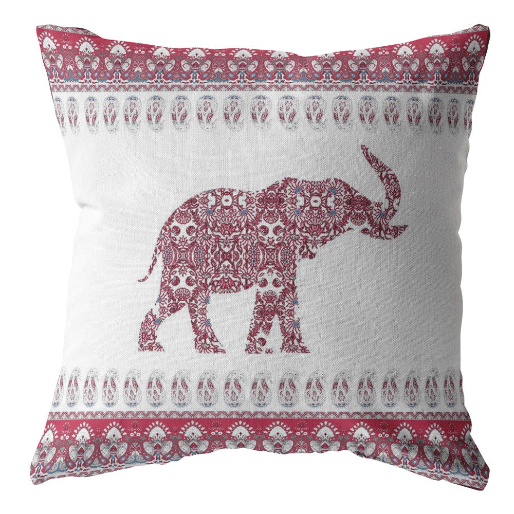 18” Red White Ornate Elephant Zippered Suede Throw Pillow