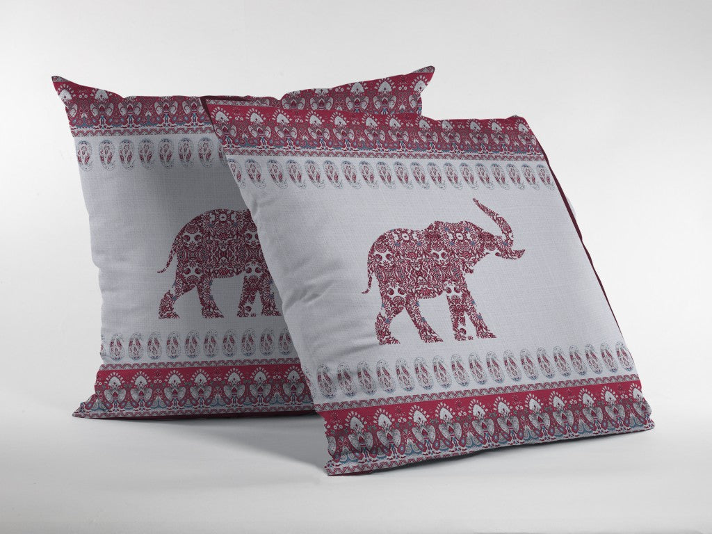 18” Red White Ornate Elephant Zippered Suede Throw Pillow