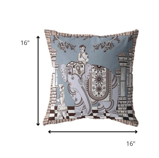 16” Blue Brown Ornate Elephant Zippered Suede Throw Pillow