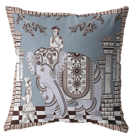 18” Blue Brown Ornate Elephant Zippered Suede Throw Pillow