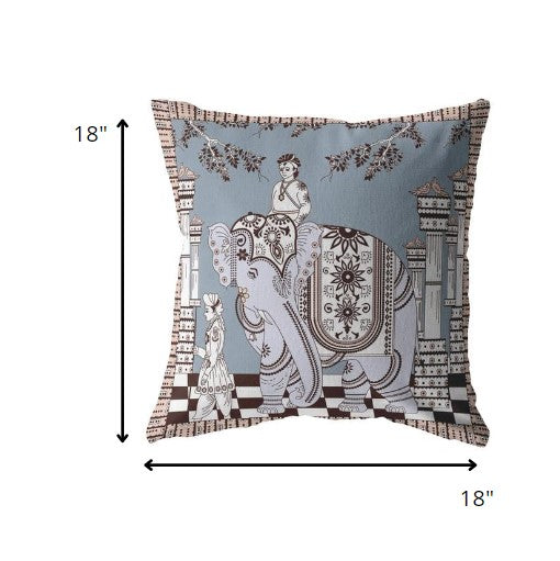 18” Blue Brown Ornate Elephant Zippered Suede Throw Pillow