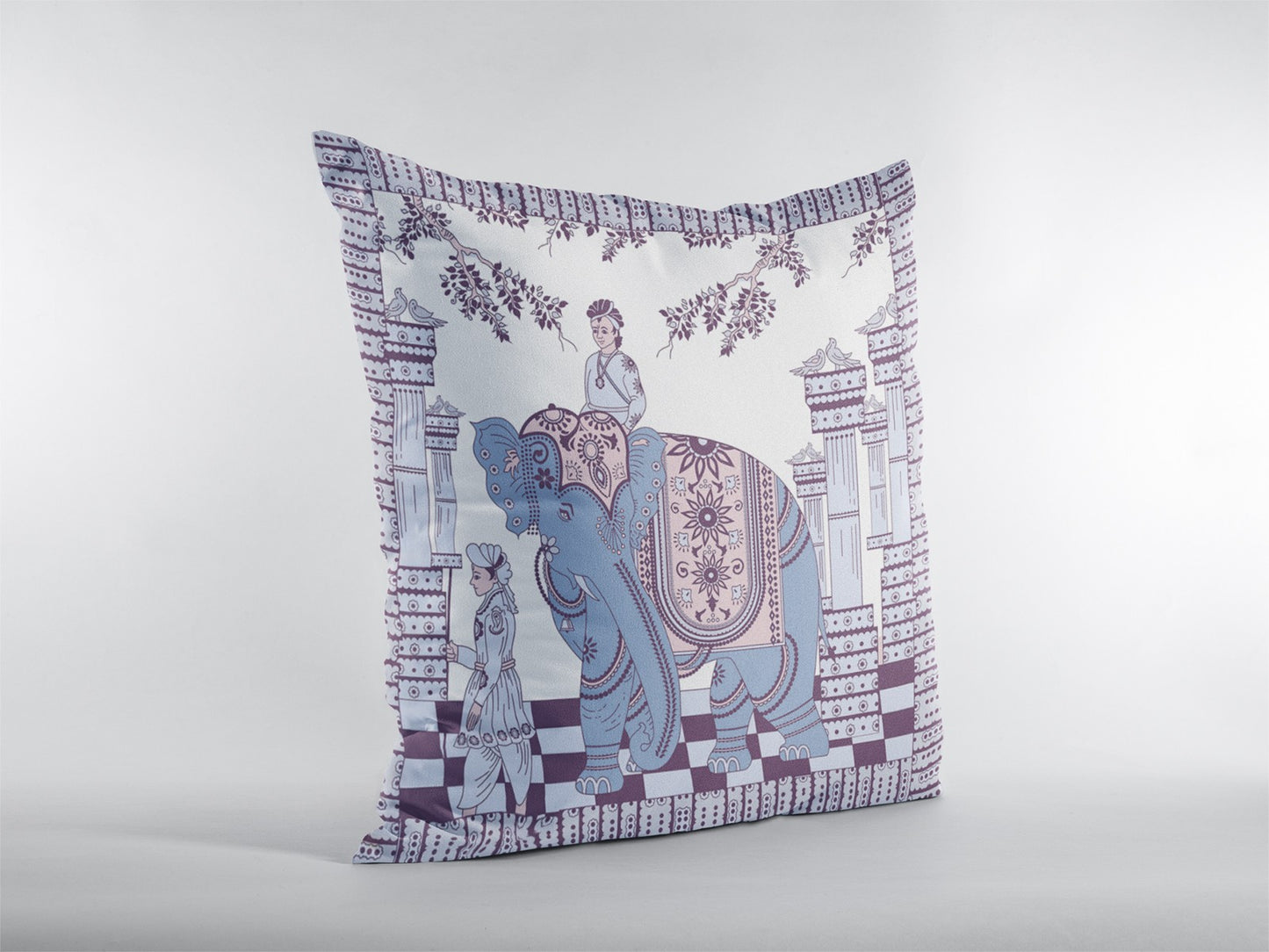 16” Blue Purple Ornate Elephant Zippered Suede Throw Pillow