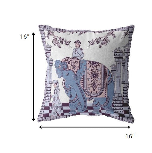 16” Blue Purple Ornate Elephant Zippered Suede Throw Pillow