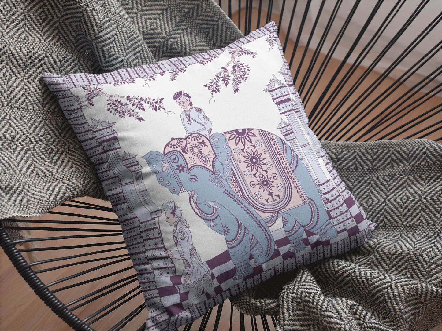 18” Blue Purple Ornate Elephant Zippered Suede Throw Pillow
