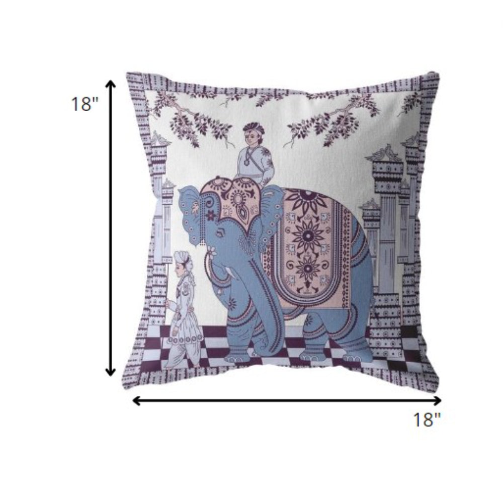 18” Blue Purple Ornate Elephant Zippered Suede Throw Pillow