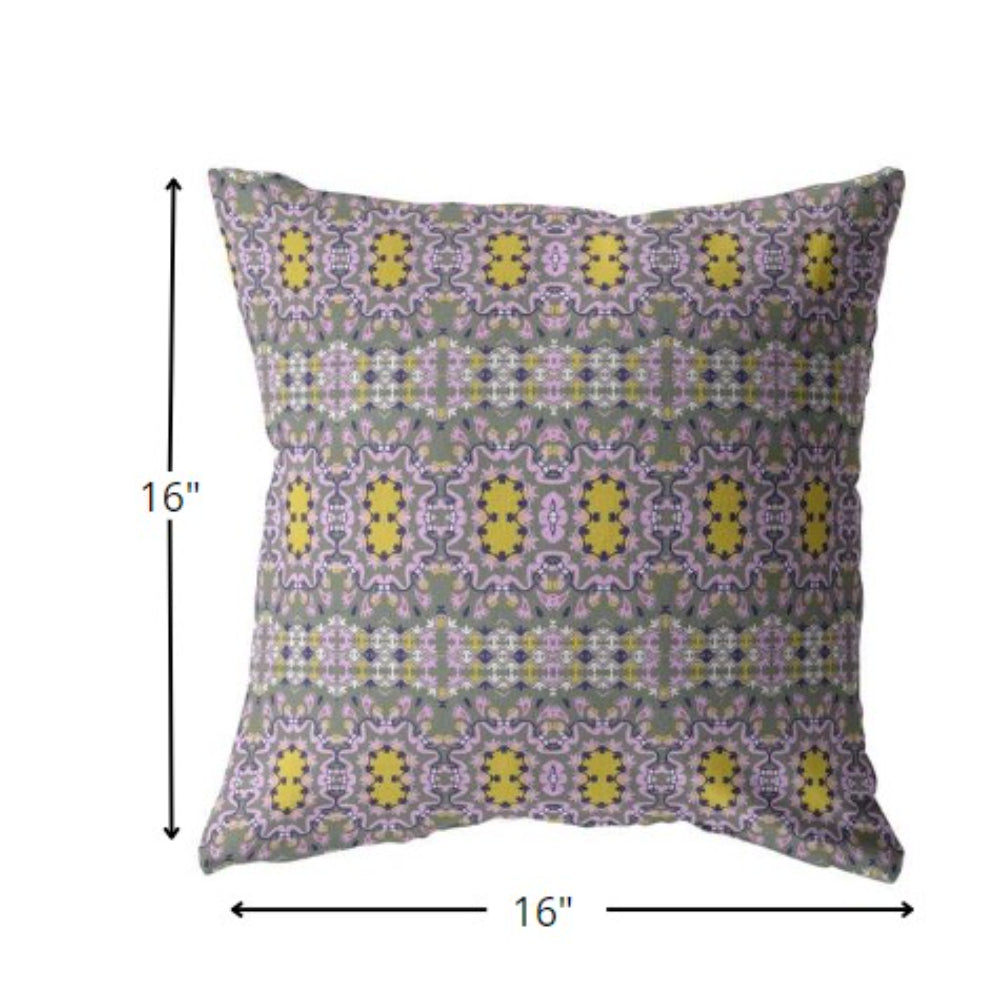 16” Purple Yellow Geofloral Zippered Suede Throw Pillow